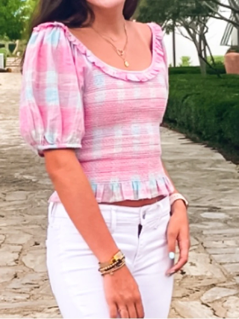 LoveShackFancy Pink and Light Blue Smocked Ruffle Top